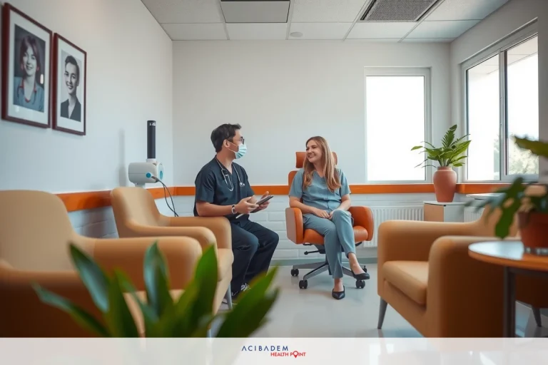 An image of a modern interior with two people, possibly medical professionals, seated in an office setting. The office is well lit with natural light and has contemporary furniture.