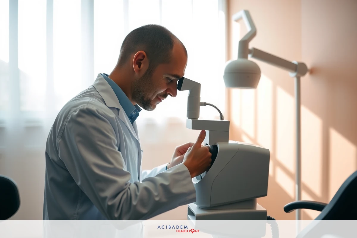 In the image, there is a man wearing a white lab coat and eyeglasses. He appears to be examining something under a microscope or similar scientific equipment. The room has a laboratory setting with various pieces of medical equipment visible in the background.