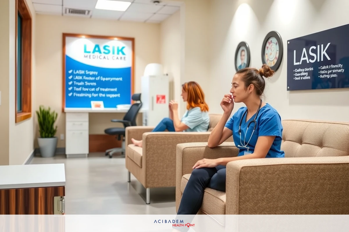 The image shows a waiting room environment, possibly at an eye care clinic. Two people are sitting on couches. One person appears to be wearing a medical uniform which could suggest they are an employee of the clinic or awaiting their turn. The room has a modern, comfortable ambiance with decorative elements that indicate it's a place designed for patient comfort and care.
