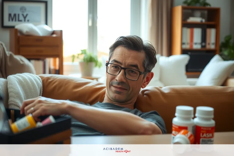 A young man is lying on a couch in a comfortable living room. He has a tray of pills, likely medication, in front of him and appears to be taking them.
