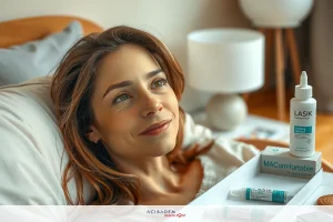 A woman smiling, lying in a cozy environment with pillows. There's a bottle of Lasik vision correction product on her bed.