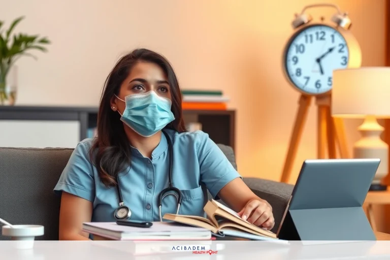 How Long After Rhinoplasty Can I Wear a Mask The image features a healthcare professional, likely a nurse or doctor, wearing personal protective equipment including a face mask. The individual is in an office environment with books and medical records visible. The person appears to be engrossed in work on a laptop or tablet, suggesting a focus on patient care and clinical data management.