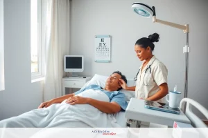 A hospital room scene with a nurse attending to a patient. The patient is laying down on a bed, and the nurse stands beside him, possibly administering medication or performing a health check. A lamp, a medical chart, an eye exam sign, and personal items such as a cup are visible in the room.