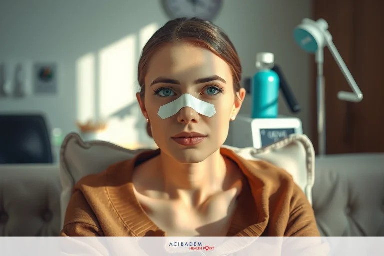 A woman in a chair with a blue bandage on her nose. She is wearing a brown sweater and looking forward, sitting indoors during the daytime.