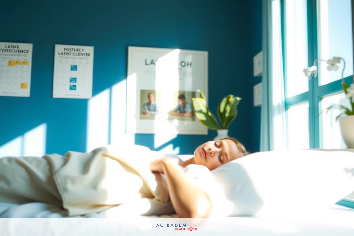 This image depicts a serene indoor setting, possibly a bedroom. The main subject is a person lying on a bed covered with white and light-colored linens, suggesting a calm and peaceful environment. The window in the background allows natural sunlight to filter into the room, adding warmth to the scene. The minimalist design of the room focuses attention on the individual's relaxation, while the use of color and light contribute to an overall sense of tranquility.