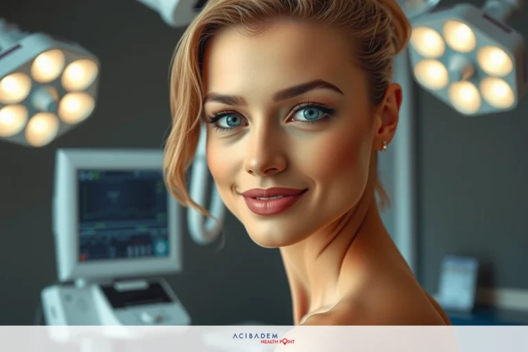 The image features a woman with blonde hair, wearing makeup, and smiling in what appears to be a medical or dental environment. The room has surgical lights, indicating that this could be a setting where medical procedures are performed. The color palette includes soft tones of white, gray, blue, and some warm skin tones.