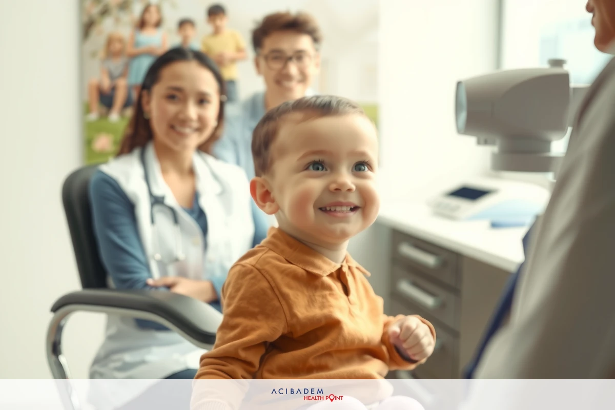 The image shows a healthcare setting with a baby, an adult woman, and another adult. The baby is seated and smiling at the camera. The woman, possibly a nurse or doctor based on her uniform, stands to the left of the baby.