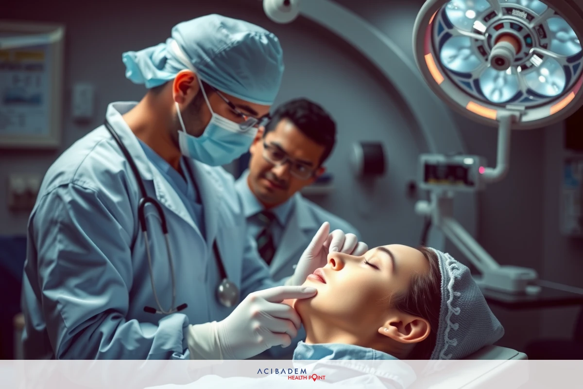 Three surgeons in a clean operating room performing surgery on a patient's face. The patient is lying down with their face turned towards the camera.
