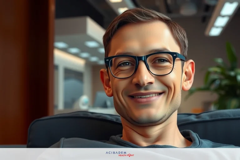 The image features a man sitting in an office environment, smiling and looking directly at the camera. He is wearing glasses and a black top. The room has modern furnishings and warm lighting.