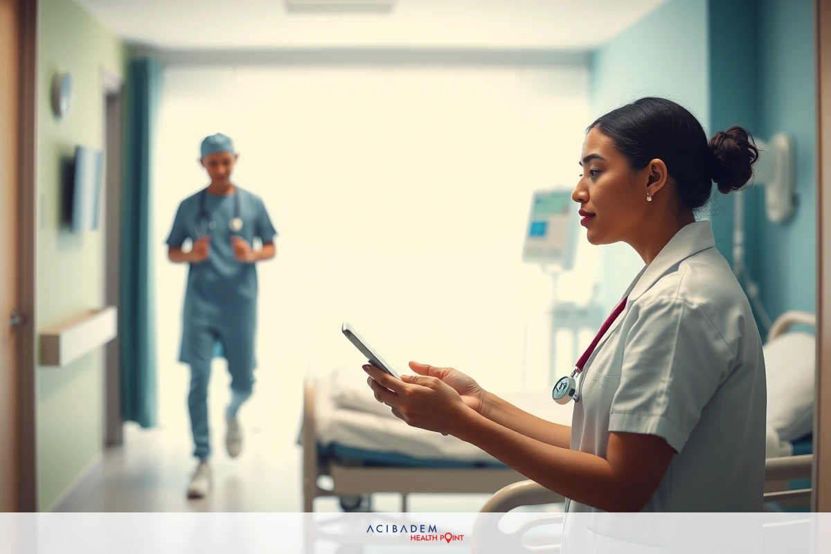Two hospital staff members engaged in conversation. Female medical professional holding a tablet, possibly discussing patient care or data with her colleague.