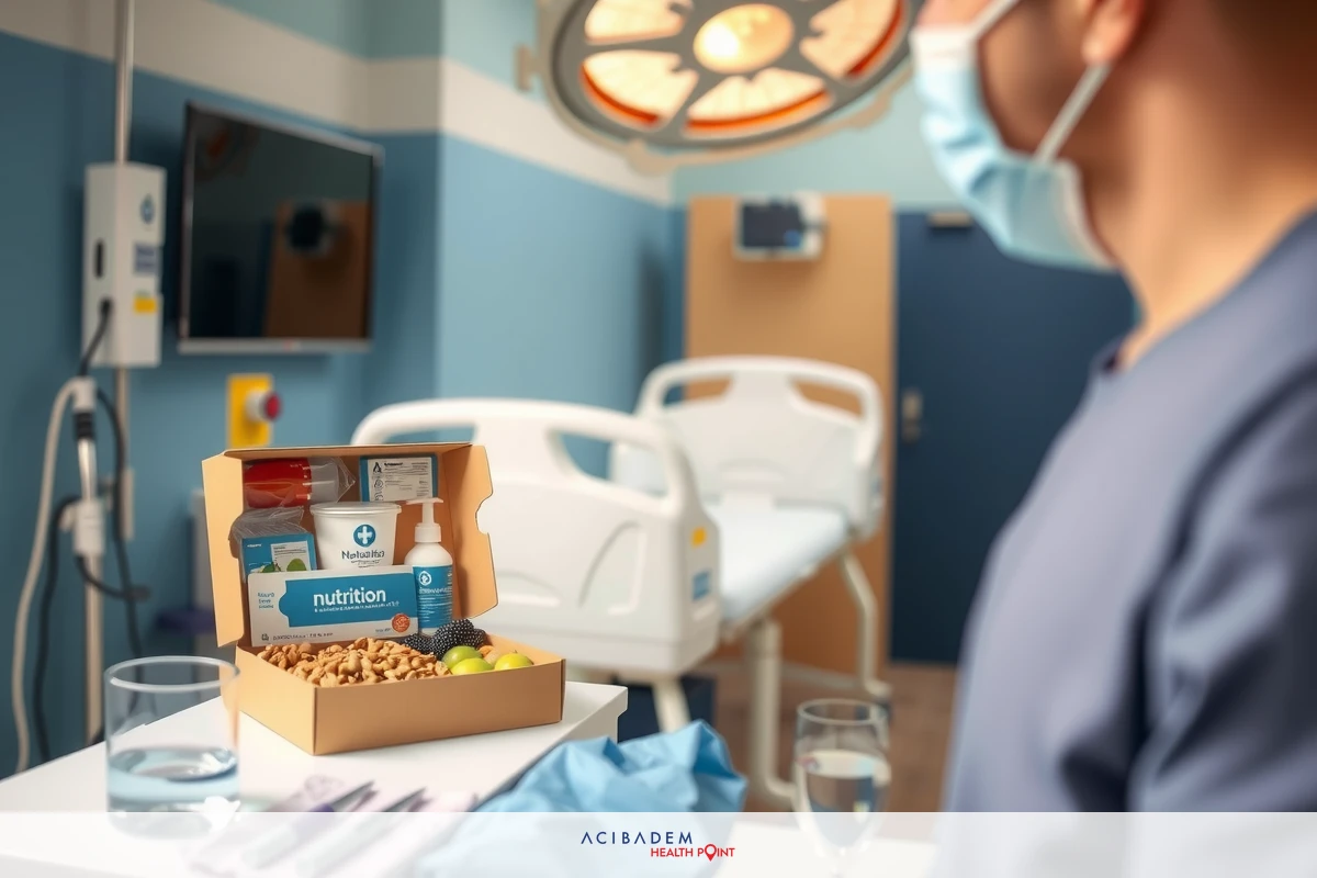 A man in medical attire sitting at a hospital desk with a cardboard box that has snacks inside, suggesting he is on-call or waiting for a patient.