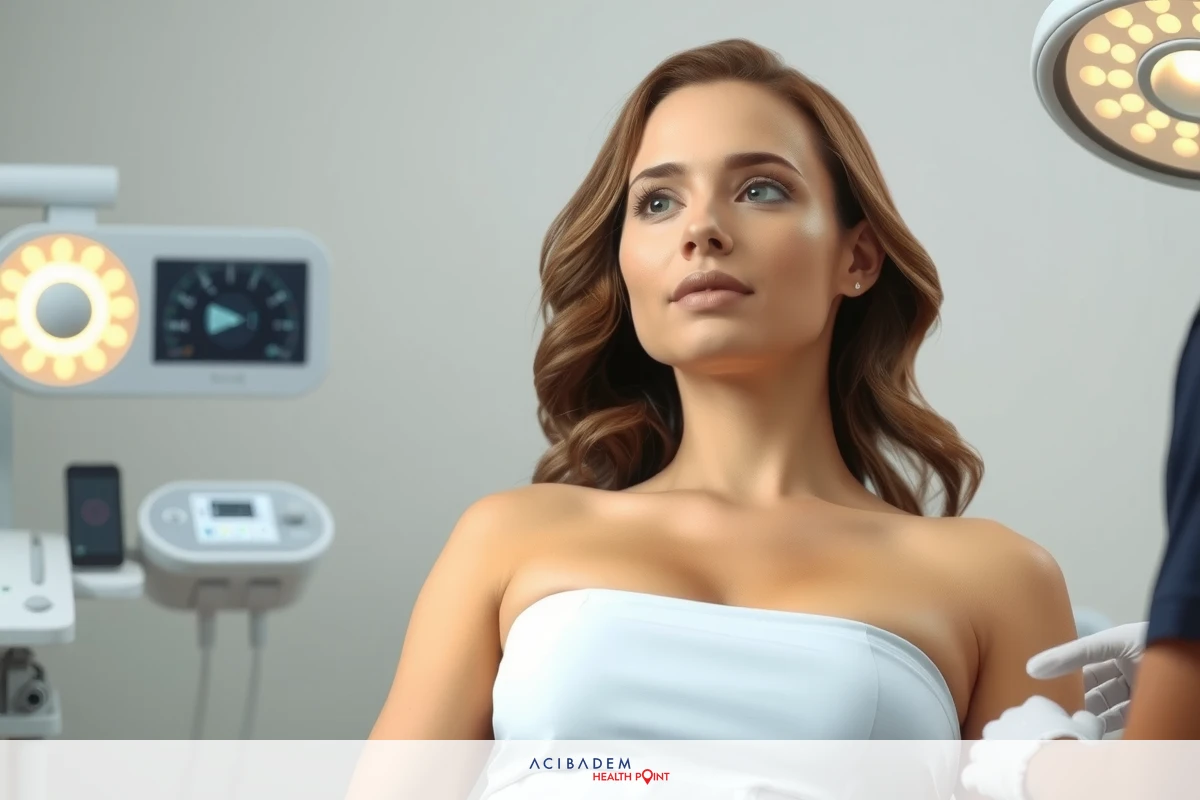 The image shows a woman lying down on an operating table with medical equipment and personnel around her. Her head is turned to one side, and she appears relaxed. The environment suggests a clinical or hospital setting. There are various machines and monitors visible around the patient. The color scheme is sterile and white, typical of medical environments.