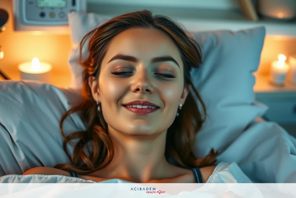 Is it OK to Yawn After Rhinoplasty? The image depicts a young woman lying in a hospital bed with her eyes closed and smiling. She has a light brown hair color, is wearing a pink top, and there are white pillows behind her. The room appears to be dimly lit, possibly at nighttime. There are no visible texts or distinctive markings that indicate the location beyond being in a hospital setting.