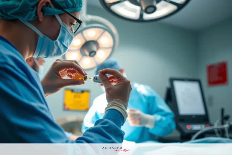 Medical team in operating room during surgery. Surgeon holding syringe with yellow fluid, focusing on task at hand.