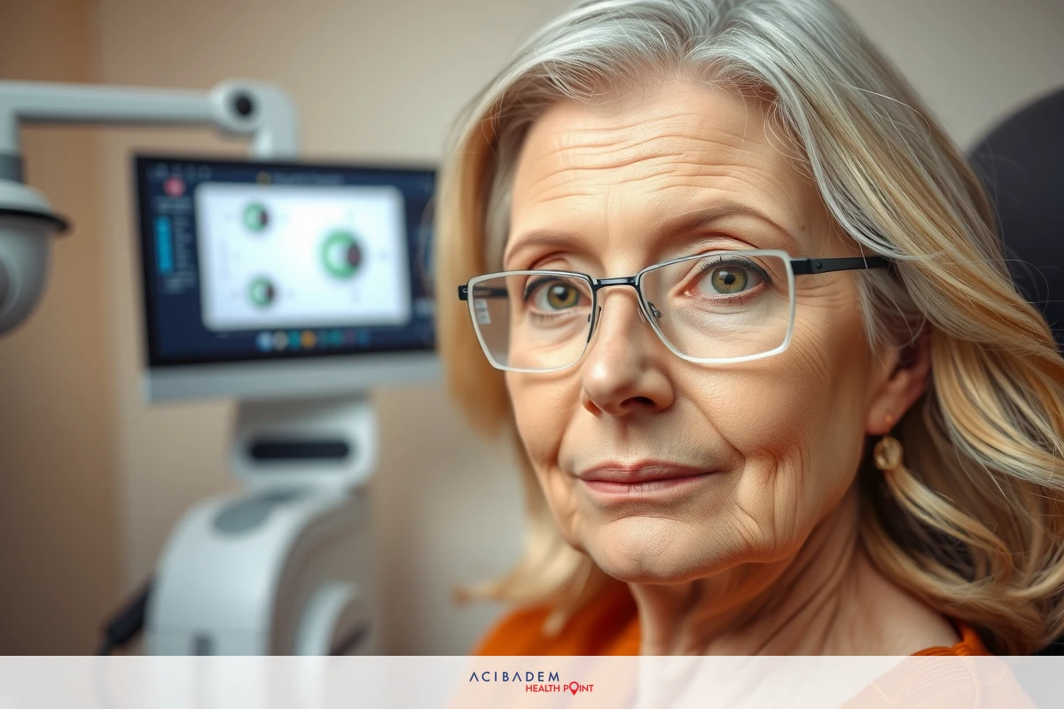 This is an image of a woman in what appears to be a healthcare or medical setting. She has grey hair and is wearing glasses, with her expression being serious or contemplative.