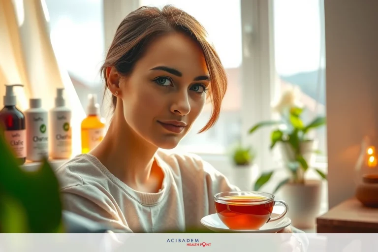 A woman enjoying a cup of tea in a cozy environment, surrounded by aesthetically pleasing plants. The ambiance suggests relaxation and well-being.