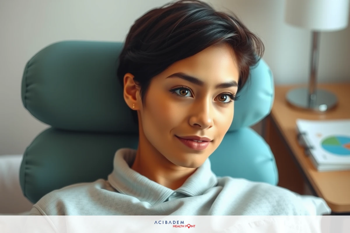 This is a portrait of a short -haired woman who relaxed in a physician's chair. He has a focused expression and probably seems to be talking to someone else. Her makeup is well done, emphasizing her features against the neutral background which includes a desk and office equipment.