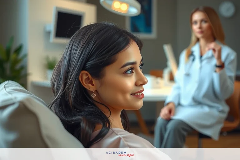 A woman in a medical office chair, with another woman standing beside her who appears to be a doctor. Both are smiling and engaged in a conversation that suggests good news or a pleasant interaction.