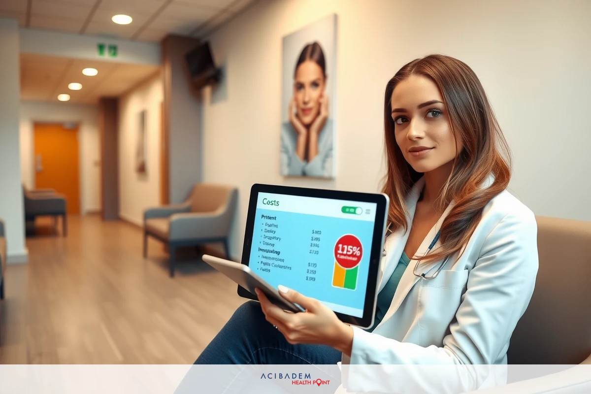 The image shows a woman sitting comfortably on a couch in what appears to be a modern office or waiting room. She is holding and using a tablet, which displays some form of financial analysis or report. Her posture suggests she's focused on the information presented on the screen. The environment includes contemporary furnishings and a clean, professional ambiance.