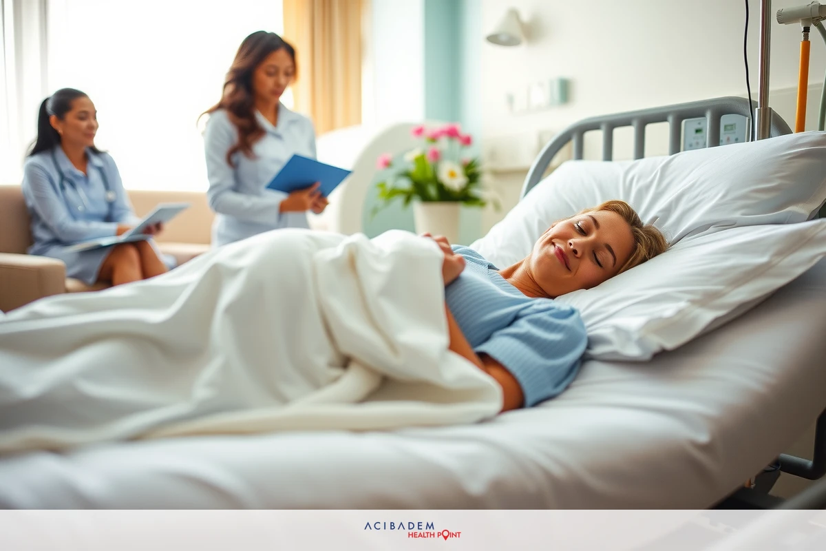 A woman laying in a hospital bed, being attended to by medical staff. She is covered with blankets and appears relaxed. There are floral decorations on the nearby surfaces.