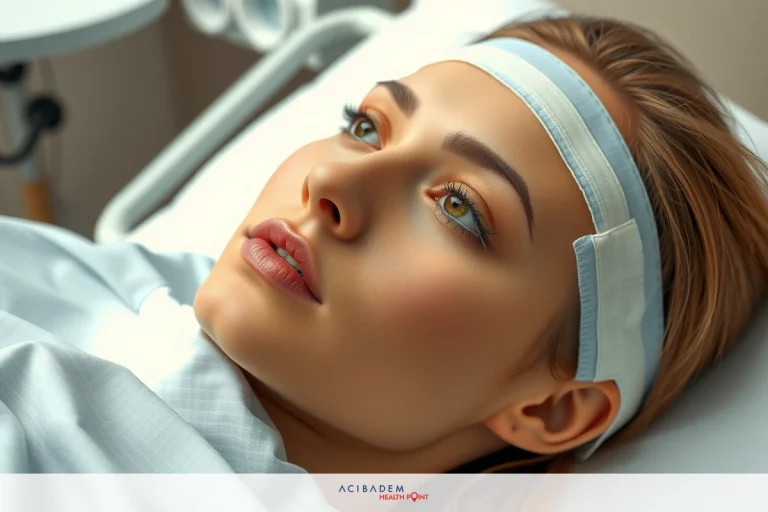 How to Put Tape on Nose After Rhinoplasty The image features a woman lying on a hospital bed. She has blonde hair and is wearing a white headband with blue accents. Her eyes are closed, and her expression appears calm.