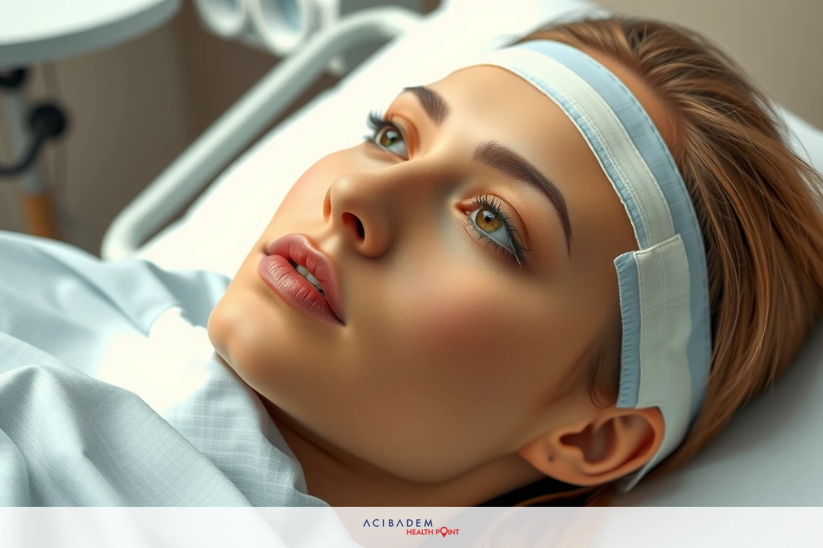 The image features a woman lying on a hospital bed. She has blonde hair and is wearing a white headband with blue accents. Her eyes are closed, and her expression appears calm.