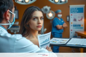 In a well-lit medical office, two doctors are in the midst of an examination. One doctor is holding a clipboard and looking at a chart while the other doctor wears a surgical mask and looks on.