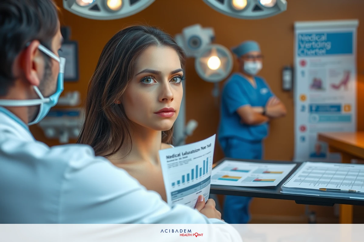 In a well-lit medical office, two doctors are in the midst of an examination. One doctor is holding a clipboard and looking at a chart while the other doctor wears a surgical mask and looks on.