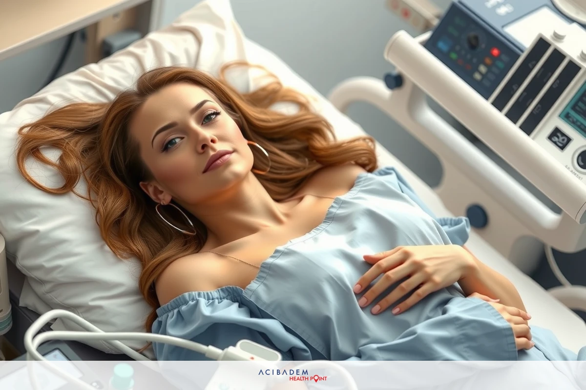 The image shows a woman lying in a hospital bed, with medical equipment around her. She appears calm and may be recovering from an illness or surgery.
