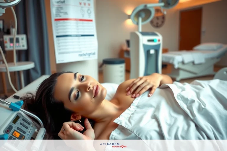 The image shows a woman lying in a hospital bed, looking at the camera with a contemplative expression. She is wearing a white gown and has medical equipment around her which suggests she may be receiving treatment or monitoring.