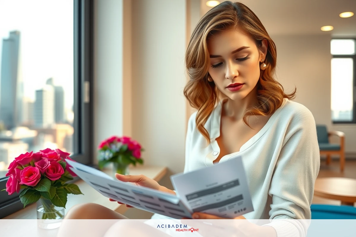The image portrays a woman sitting in an office environment, possibly at her desk. She is wearing a white blouse and appears to be reading or studying documents that are spread out on the desk before her.