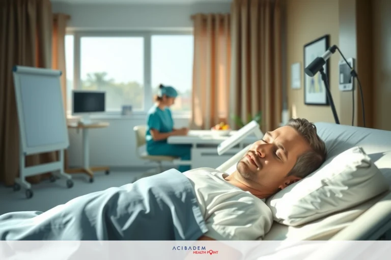 The image features a man lying in a hospital bed. A healthcare professional is attending to him, wearing scrubs. The setting appears to be a well-lit medical facility with an emphasis on cleanliness and patient care.