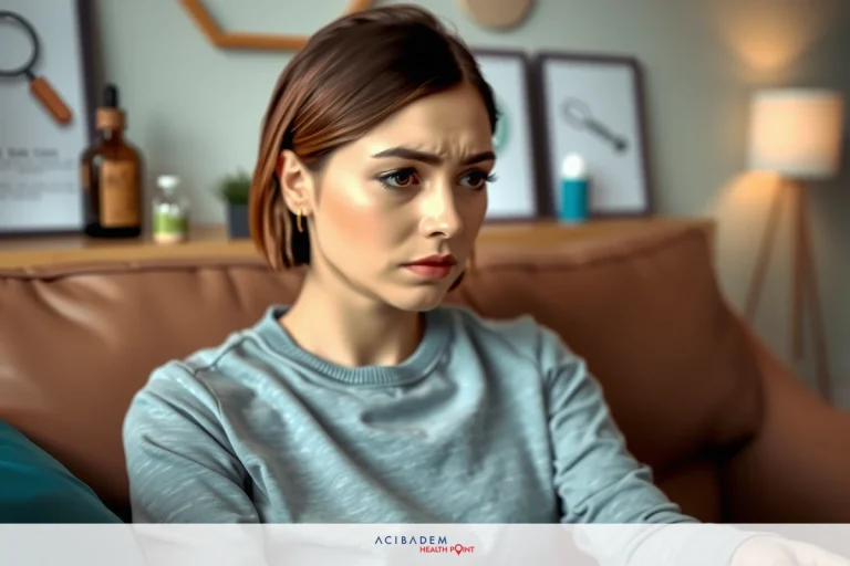 How Long Does Dry Eye Last After LASIK Surgery? In the image, a woman is sitting on a couch with her legs crossed. She appears to be in a modern living room setting. Her expression is serious or concerned as she looks at something off-camera.