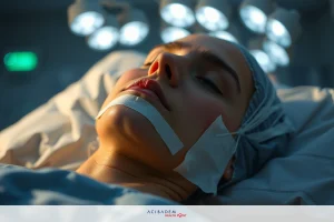 A woman lying on a medical examination table with her mouth covered by a surgical mask. She appears to be in a hospital setting, possibly post-surgery or about to undergo surgery. The room is equipped with bright lights and medical equipment, emphasizing the clinical environment.