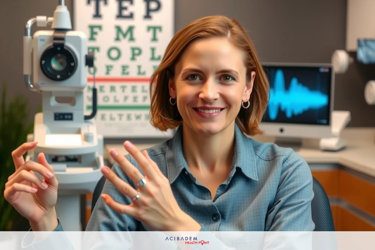The image shows a woman in an examination room holding her hand over her eye, possibly indicating that she is receiving an eye exam. She appears to be wearing a pair of eyeglasses and has a ring on her finger.