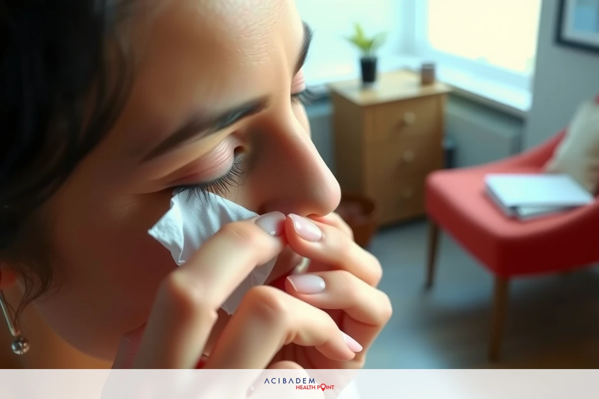 A woman in a living room gently dabbing her nose with a tissue, wearing makeup and having a serene facial expression.