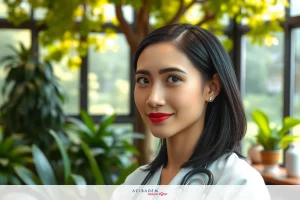 A smiling female doctor in a white lab coat standing in front of a green plant, with indoor lighting and glass doors hinting at an office environment.