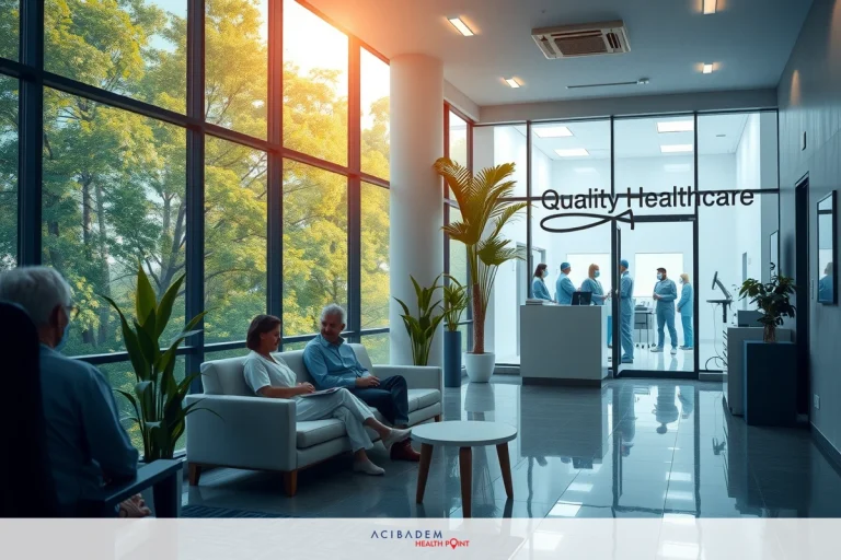 A modern medical waiting area with bright natural lighting and a comfortable seating arrangement. Patients are engaging in conversation while awaiting their appointments.