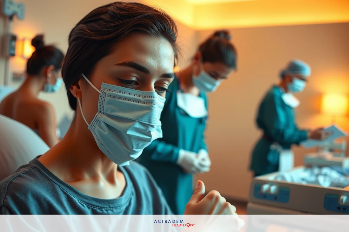 A medical team wearing masks work on a patient. A female surgeon focuses on the task at hand, possibly during a surgical procedure or medical examination.