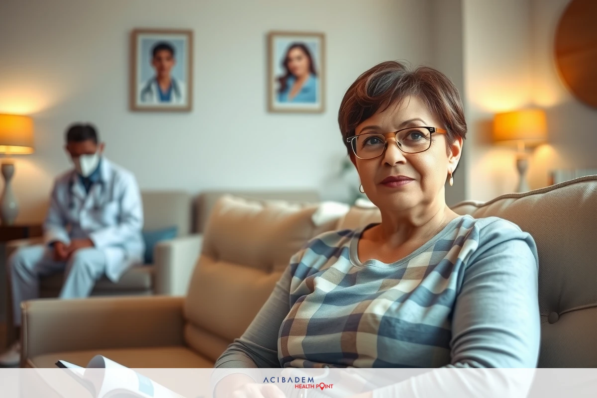 In the image, a woman is sitting on a couch in an indoor setting, possibly a waiting room or reception area. She appears to be engaged in a conversation with someone outside of the frame.