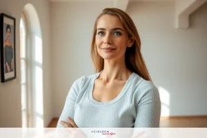 Young woman with blonde hair wearing a white top, standing in a modern interior room with high ceiling, looking confident and positive. The environment is minimalistic and bright.