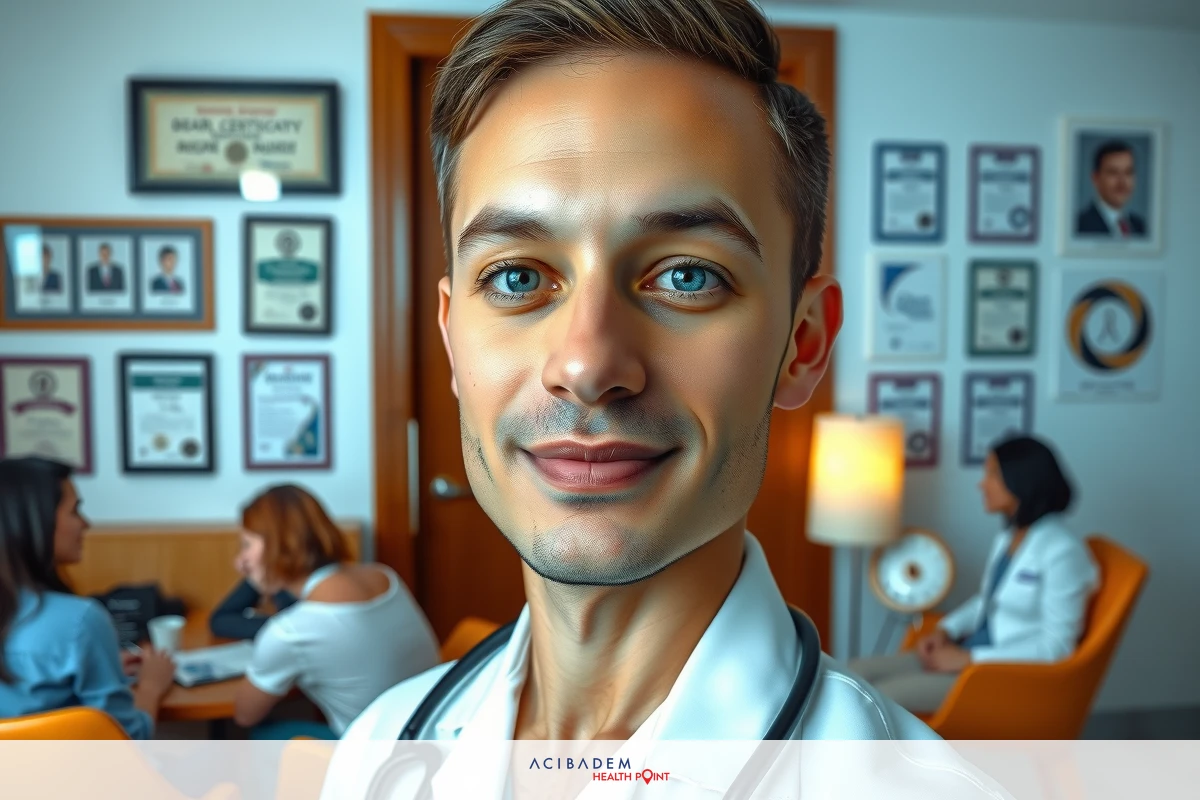 The image features a young male doctor standing in what appears to be an office or waiting area. He is smiling and looking directly at the camera.