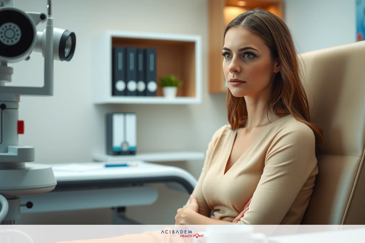 Woman is sitting in a medical eye examination chair, looking at an ophthalmoscope screen. The room has office furniture, suggesting it's a clinical or professional setting.