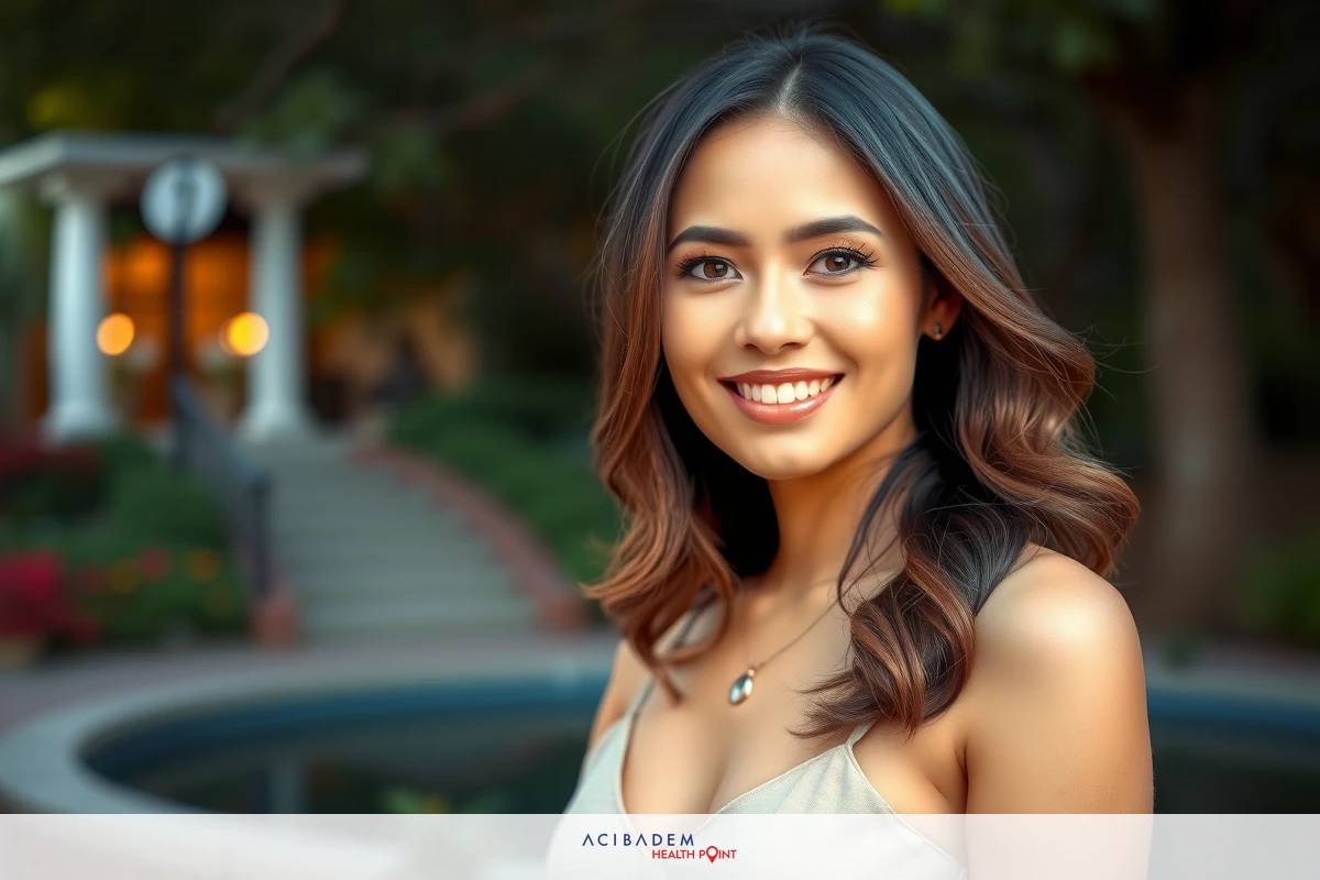 A smiling young woman in a sleeveless top, standing outside on a patio during dusk. The backdrop features a garden setting with trees and an architectural structure. Lighting is soft and ambient.