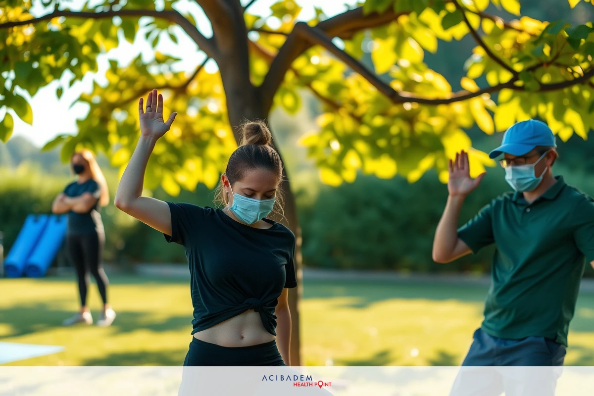 The image depicts an outdoor setting where two individuals are engaged in a dance or exercise routine. They appear to be wearing face masks, indicating health precautions are being taken. The background shows trees and a grassy area, suggesting the location is likely a park or similar open space.