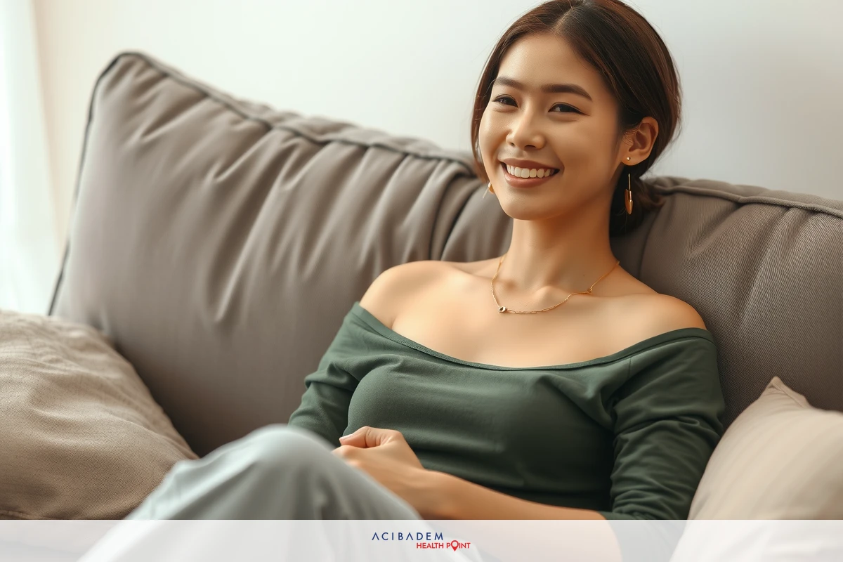 The image shows a young woman seated on a couch in an indoor setting. She appears to be relaxed, smiling and looking directly at the camera. Her outfit consists of a casual top with off-shoulder design paired with light gray pants. The environment suggests a comfortable and cozy living space, possibly a home interior.