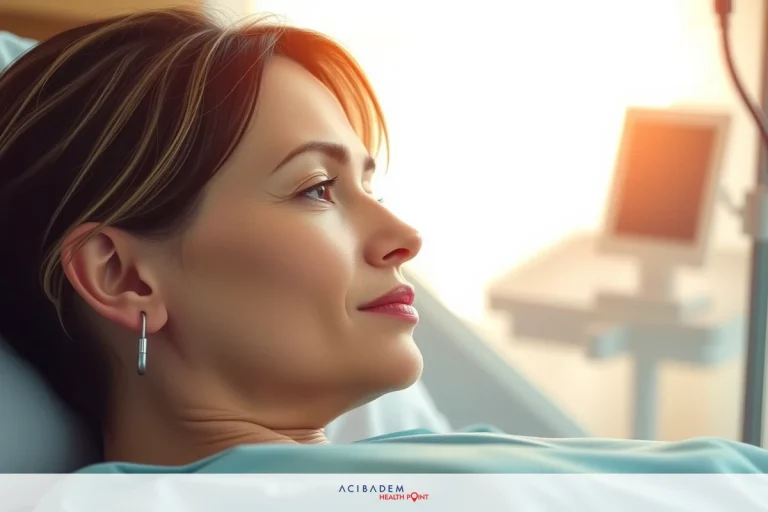 The image depicts a woman lying on a hospital bed, looking thoughtful. She is dressed in a green hospital gown and appears to be hooked up to medical devices for monitoring her condition. The room has a bright atmosphere, suggesting it might be daytime or near a window. Her expression is serious as she gazes off to the side, which could indicate concern or contemplation about her health situation.