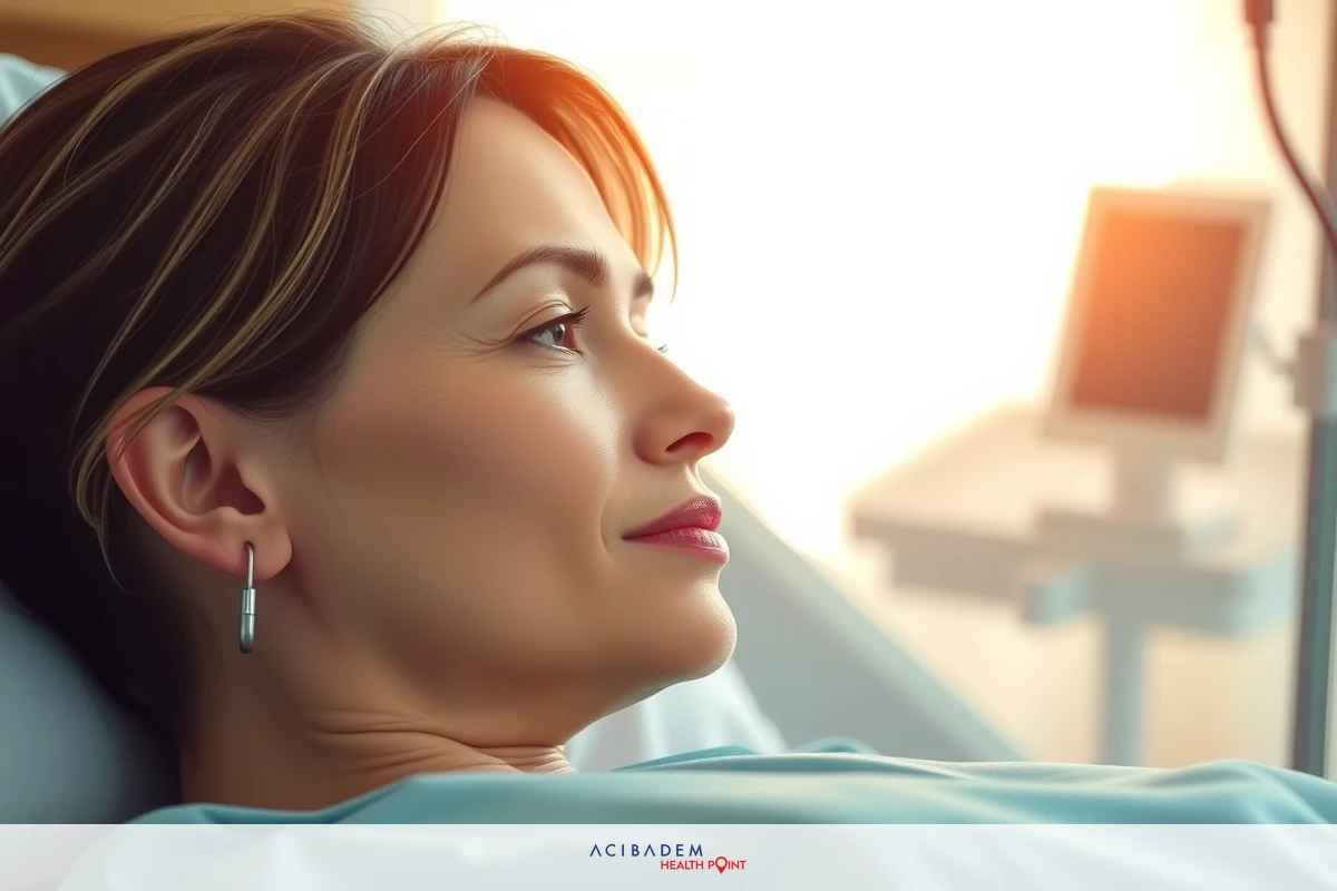 The image depicts a woman lying on a hospital bed, looking thoughtful. She is dressed in a green hospital gown and appears to be hooked up to medical devices for monitoring her condition. The room has a bright atmosphere, suggesting it might be daytime or near a window. Her expression is serious as she gazes off to the side, which could indicate concern or contemplation about her health situation.