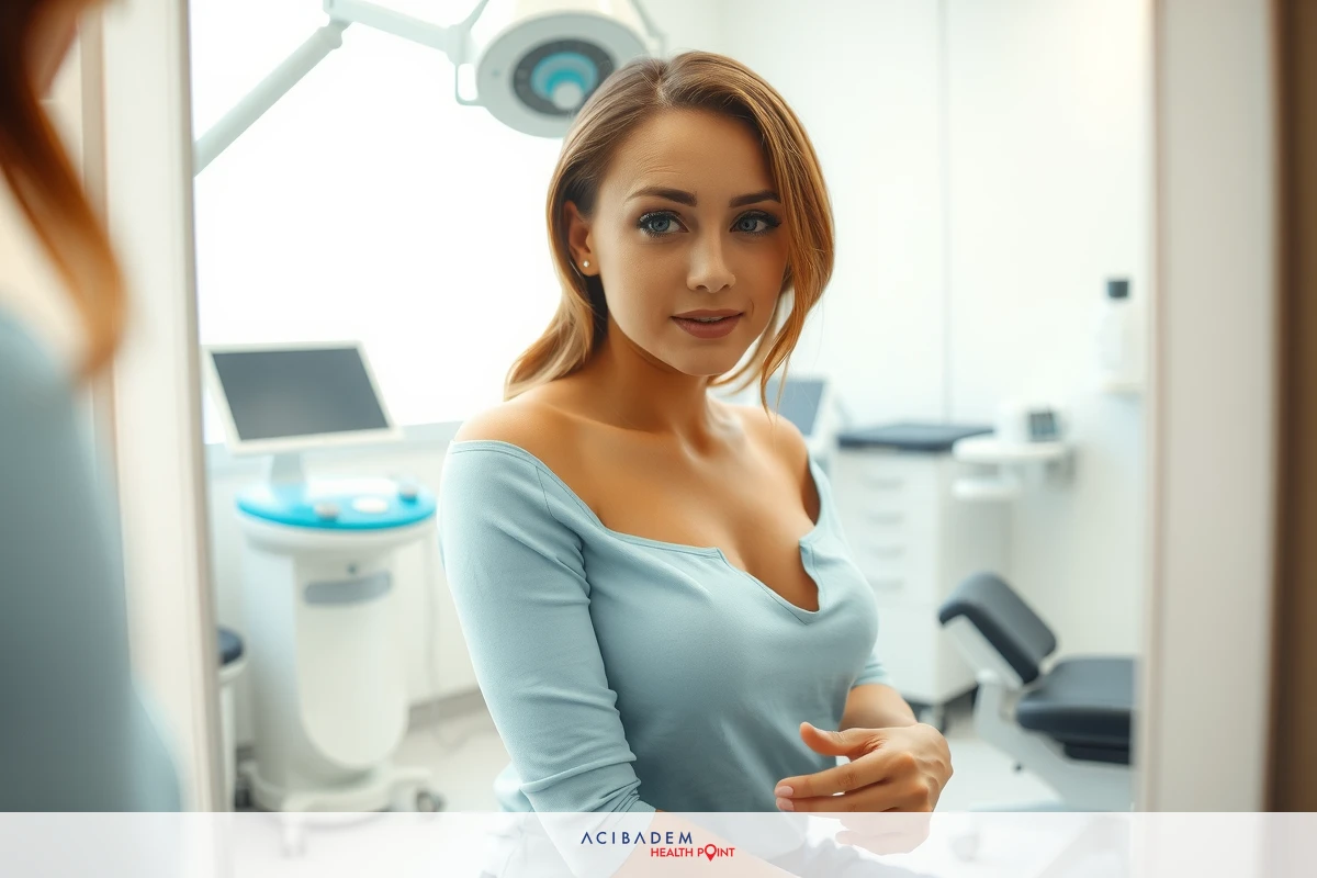 This is a professional photograph taken inside a medical office. A female patient is seated in the medical chair, looking directly at the camera with a slight smile. She is wearing a light blue top that contrasts with the white and chrome elements of the clinical setting.