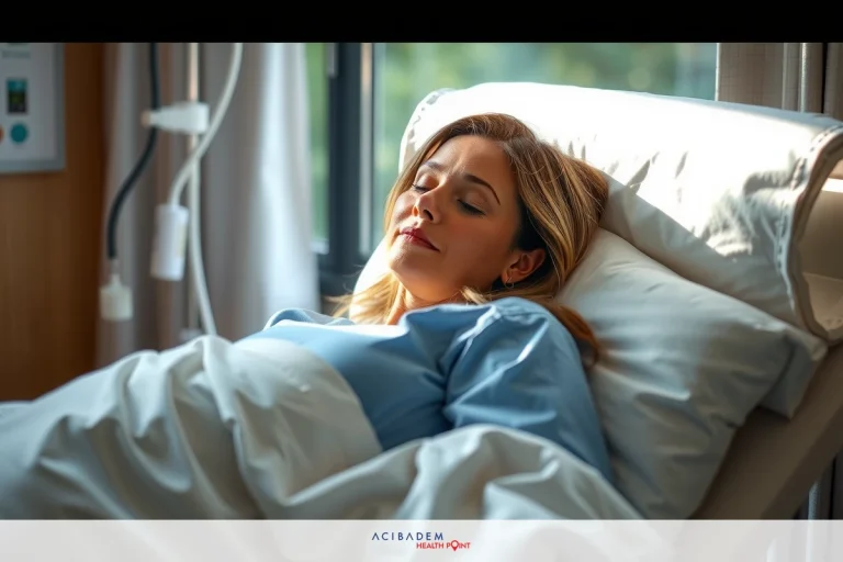 The image features a woman lying in a hospital bed. She is covered with blankets and appears to be resting or asleep, looking contented. The environment suggests a clinical setting with medical equipment nearby.